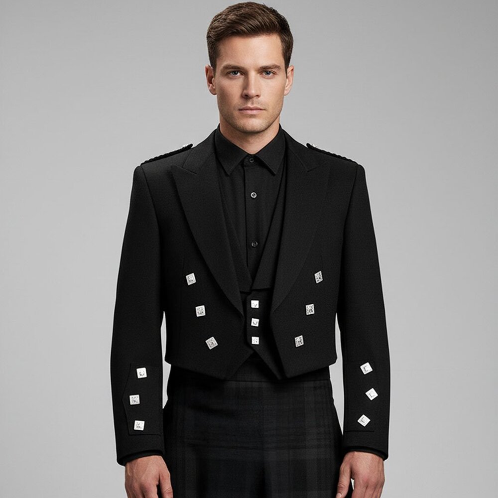 Mens Prince Charlie Scottish Bagpipe Jacket & Waistcoat Vest Black Formal Wear